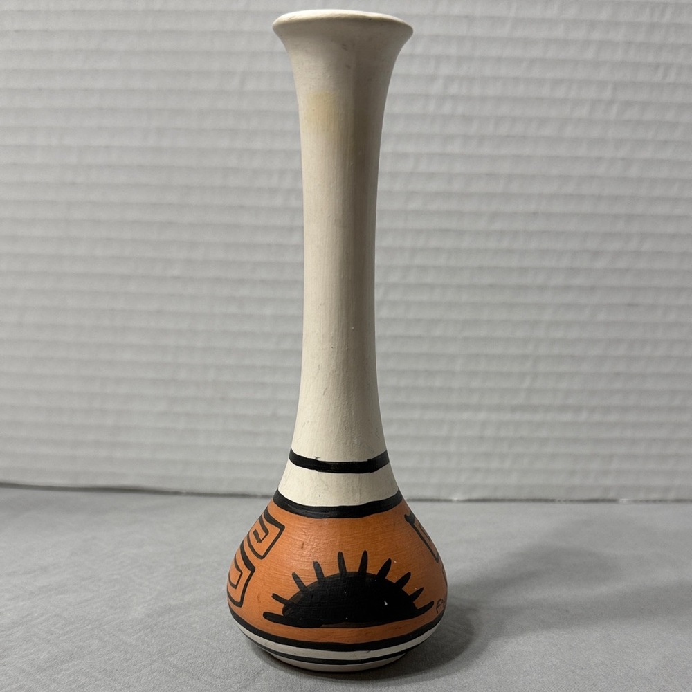Native American Pottery Hand Painted Bud Vase Sun Motif Geometric Pattern 6”